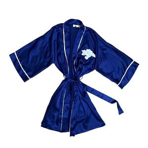 Vtg Victorias Secret Gold Label Royal Blue Satin Robe White Floral Applique S
